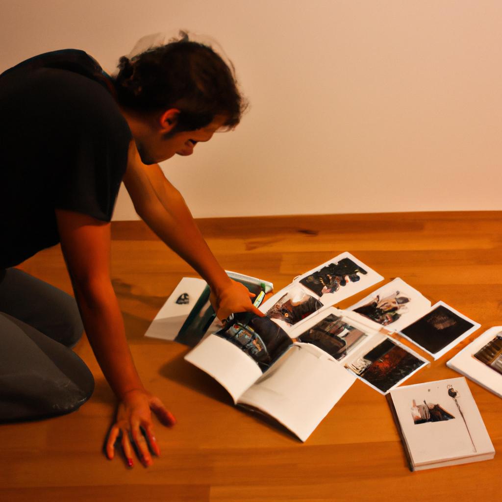 Person analyzing artwork with books